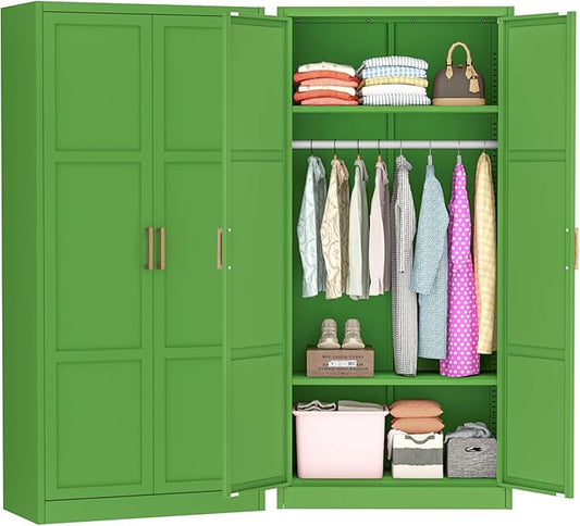 Greenvelly Metal Wardrobe Cabinet with Wooden Handle, 72" Metal Wardrobe Closet with Hanging Rods and Adjustable Shelves, Clothing Storage Closet Cabinet for Home, Office, Employee, Gym (Green)-DeskLoop Office