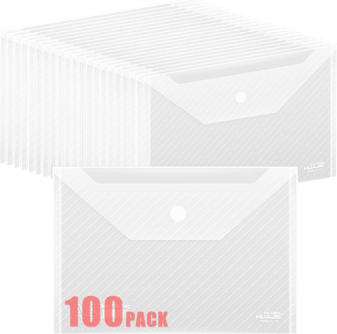 100 Pack, Plastic Envelopes – Transparent Waterproof Reusable File Folders by WORPSON