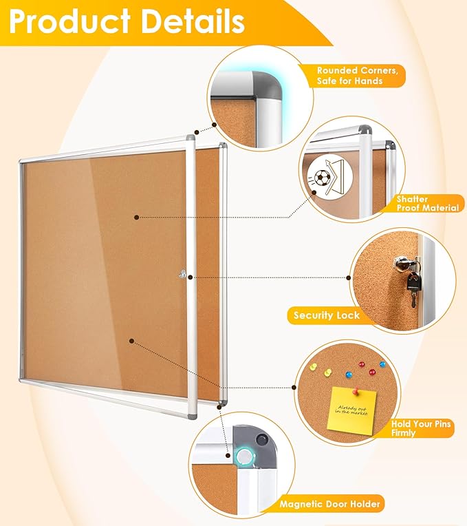 SWANCROWN Enclose Bulletin Board Case Big School Cork Pin Noticeboards Secure Cabinet for Message Guide 38x38inches (12xA4)-DeskLoop Office