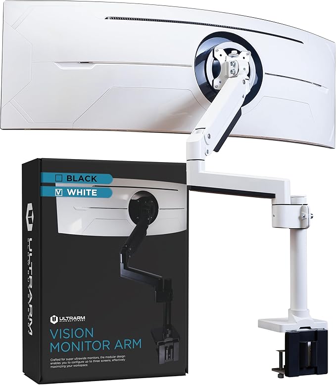 Heavy Duty Monitor Arm for Ultrawide Monitors up to 57" and 44 lbs, Single Desk Stand, Pneumatic Height Adjustable, Modular Extension Arms - Max VESA 100x100, White, MA20PW-S-DeskLoop Office