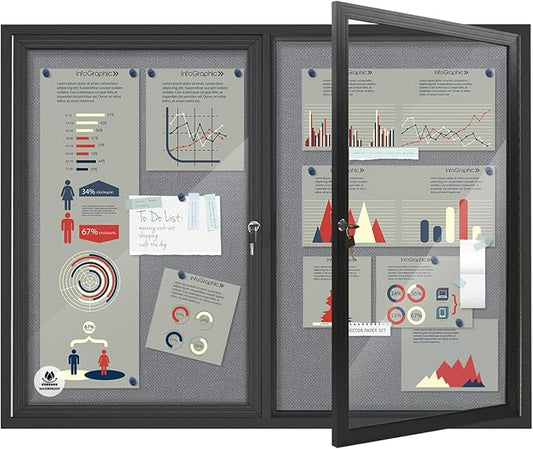Weatherproof Enclosed Bulletin Board 44x32 Inch, Lockable Wall-Mounted Outdoor Grey Felt Noticeboard, Aluminum Frame Weather-Resistant Display Case for Office, School, Community-DeskLoop Office