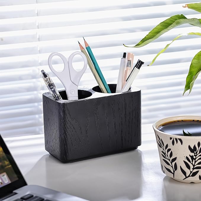 Oak Solid Wood Pen &Pencil Holder for Desk, Office Stationery Organizer, Table Pencil Cup Stand,Desk Accessories Holder, Two Cups Practical Design. (Char Black)-DeskLoop Office