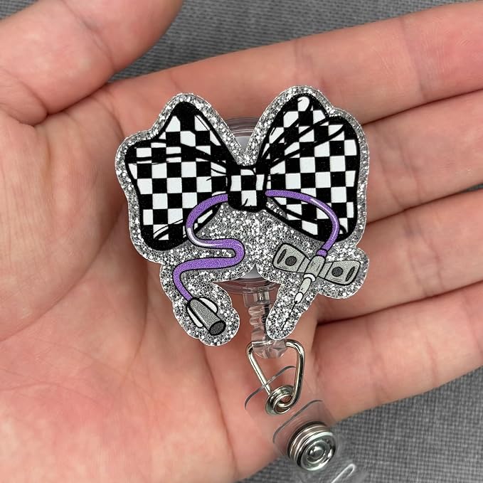 Checkered Bow Phlebotomy Nurse Badge Reel Retractable, Cute Phlebotomist - Image 3