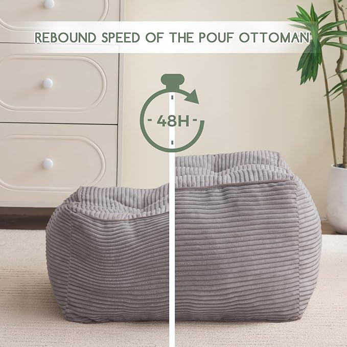 HIGOGOGO Square Stuffed Pouf Ottoman, Corduroy Poufs with Foam Chunk Filling, Furry and Fluffy Pouf Foot Stool Storage Ottoman, 21 X 21 Floor Poufs Foot Rest for Living Room, Grey-DeskLoop Office