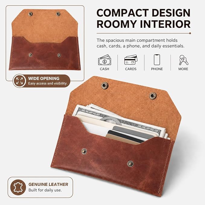 Genuine Leather Cash Envelope Wallet, Two Snap Money Pouch - Image 3