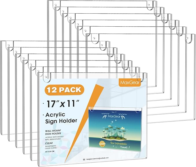 MaxGear Acrylic Wall Mount Sign Holder, 11 x 17 Landscape, 12 Pack | Includes by MaxGear