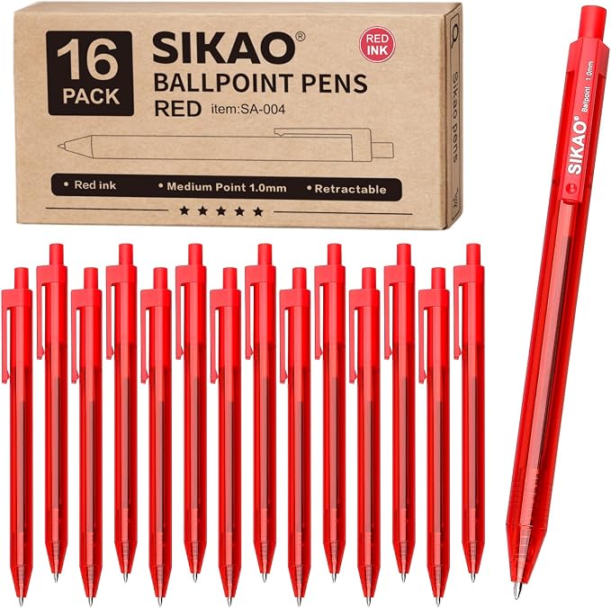 Red Pens Bulk, 16 Pack Retractable Ballpoint Pens Red Ink | 1.0mm Smooth by Sikao