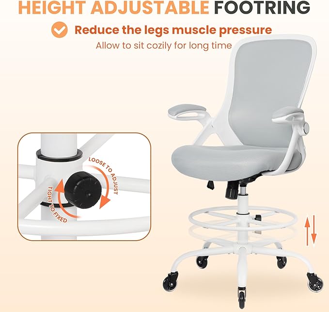 HYLONE Drafting Chair Tall Office, Ergonomic Standing Desk Stool Adjustable Drafting Chair Big Tall Drafting Office Chair White-DeskLoop Office