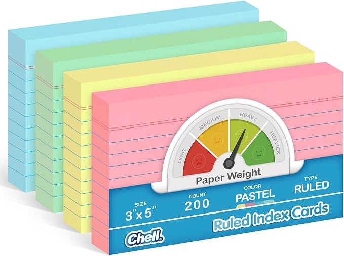 Chell 200 Count Index Cards 3x5 Inch Heavyweight, Ruled Front and Blank Back by chell