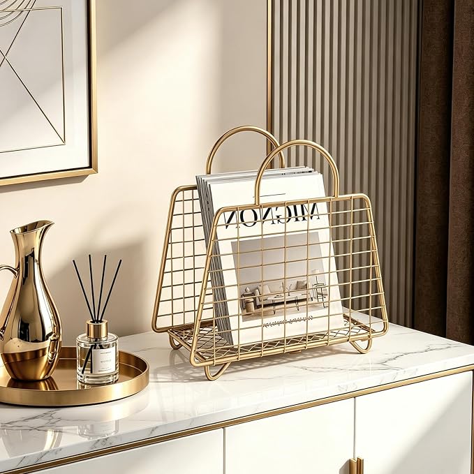Gold Magazine Holder, Modern Magazine Rack Floor, Metal Wire Magazine Basket - Image 3