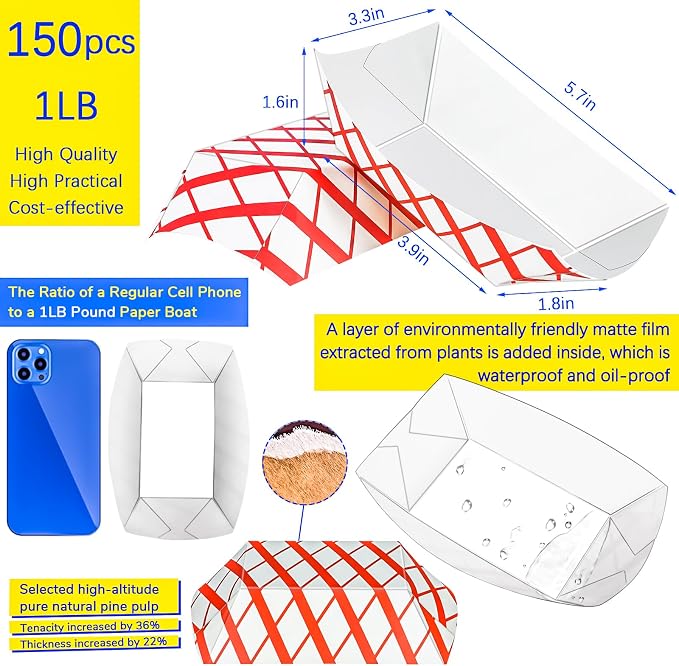 150 Pack Checkered 1Lb Paper Food Boat Trays Disposable Paper Boat Plates - Image 2