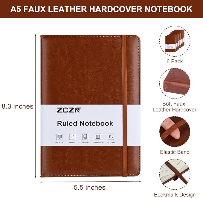 ZCZN 6 Pack Lined Journal Notebooks, 192 Pages A5 Hardcover Leather Journals for Work,Writing,School & Travel, College Ruled Journaling Notebooks for Notes Taking,Diary Notepad (Black*3+Brown*3)-DeskLoop Office