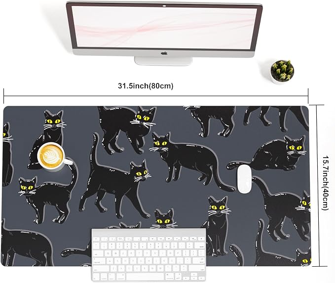 Colorful Star Black Large Mouse Pad, Cute Cat Waterproof Office Desk Mat - Image 8