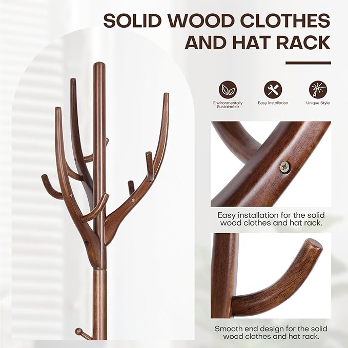Wood Coat Rack, Coat Tree Freestanding Wooden Coat Rack Stand with 12 Hooks, Heavy Duty Hall Tree Coat Hat Stand with Sturdy Base, Free Standing Coat Racks for Entryway, Bedroom, Brown-DeskLoop Office