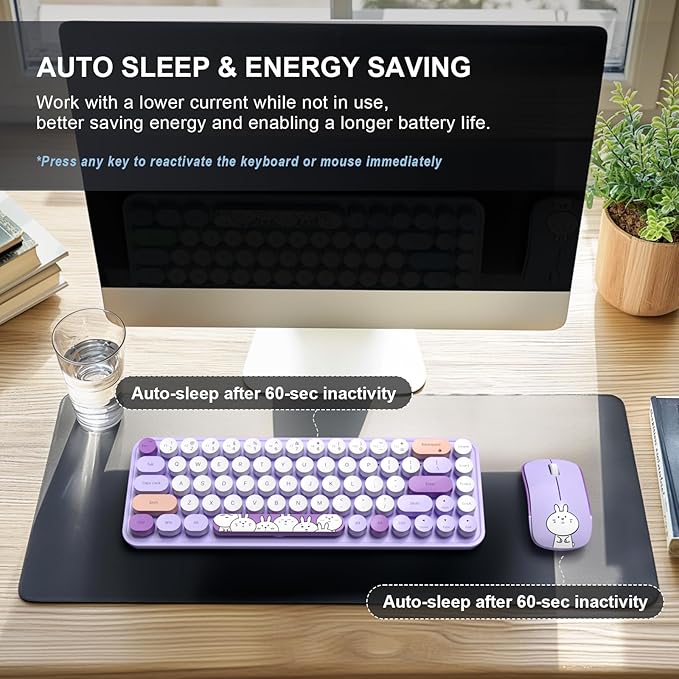 FOPETT Wireless Keyboard and Mouse Cute Mouse and Keyboard 2.4G Wireless Keyboards with Colorful 68 Keys Typewriter Retro Round Keycap for PC, Laptop,Tablet,Computer Windows - Purple Colorful-DeskLoop Office
