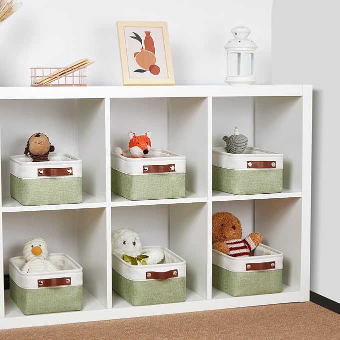 DULLEMELO Storage Baskets for Shelves, Small Fabric Collapsible Rectangular Storage Baskets for Organizing, Closets, Nursery, Home, Office, Empty Gift Baskets (6-Pack, White&Green)-DeskLoop Office