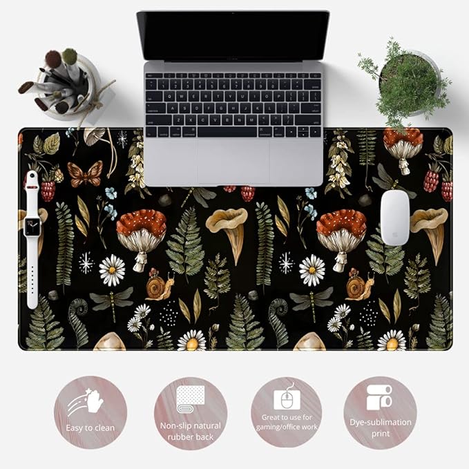 Black Mouse Pad Cottage Core Aesthetic Mouse Pads Mushroom Desk Pad Vintage Mouse Pad Forest Magic Nature Large Desk Pad Ergonomic Mouse Pads with Stitched Edges Non-Slip Computer Mat 31.5x15.7 in-DeskLoop Office
