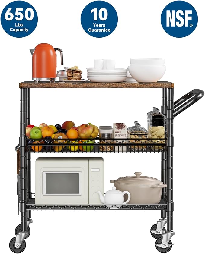 WDT 3 Tier Rolling Carts with Wheels, Heavy Duty Rolling Utility Cart with Wood - Image 3