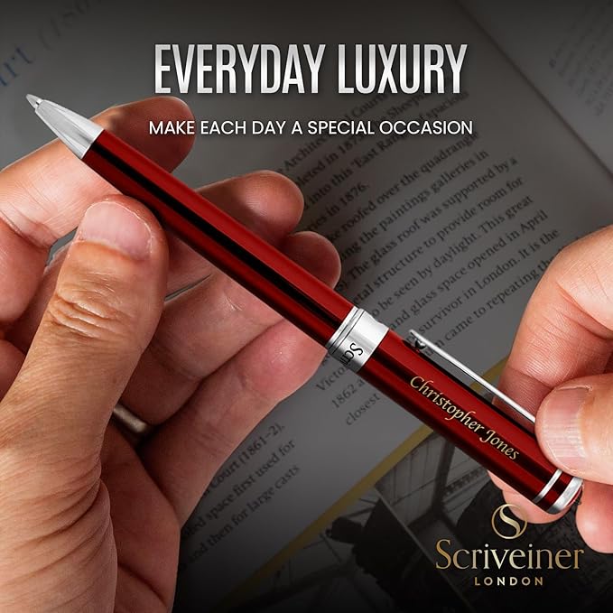 Scriveiner Personalized Deep Crimson Red Pen - Stunning Red Lacquer Luxury Pen with Chrome Finish, Schmidt Ink Refill, Best Engraved Ball Point Gift Set for Men & Women, Custom Name Engraving-DeskLoop Office