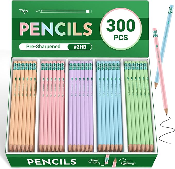 Taja 300 Pack #2 HB Pencils, Bulk Pre-Sharpened Wood-Cased Pencils by Taja