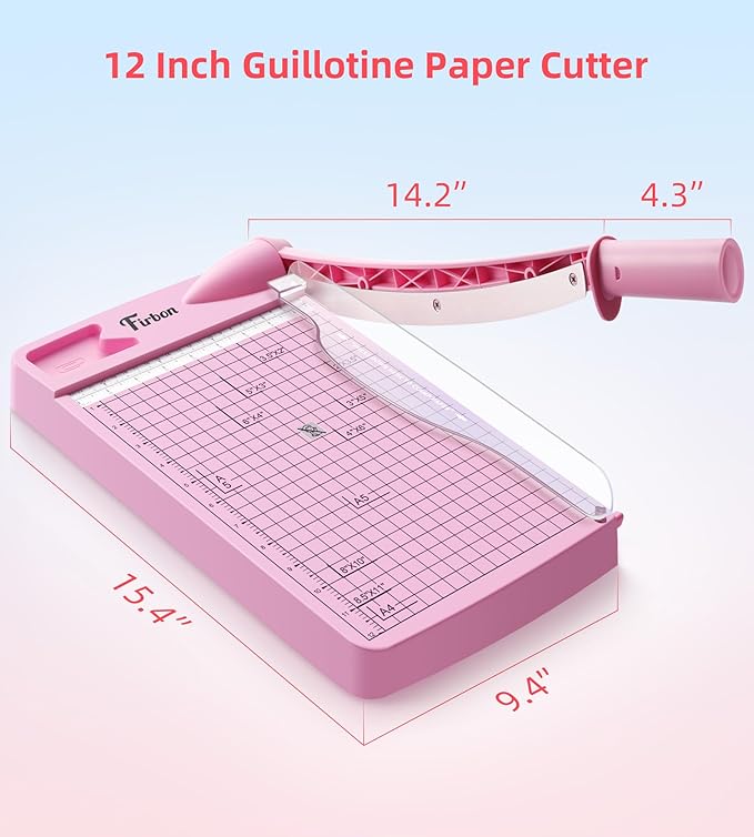 Firbon 12" Guillotine Paper Cutter, Heavy Duty 12-Sheet Capacity Trimmer for Cardstock, Photos, Scrapbooking, Office, Classroom, Studio (Pink)-DeskLoop Office