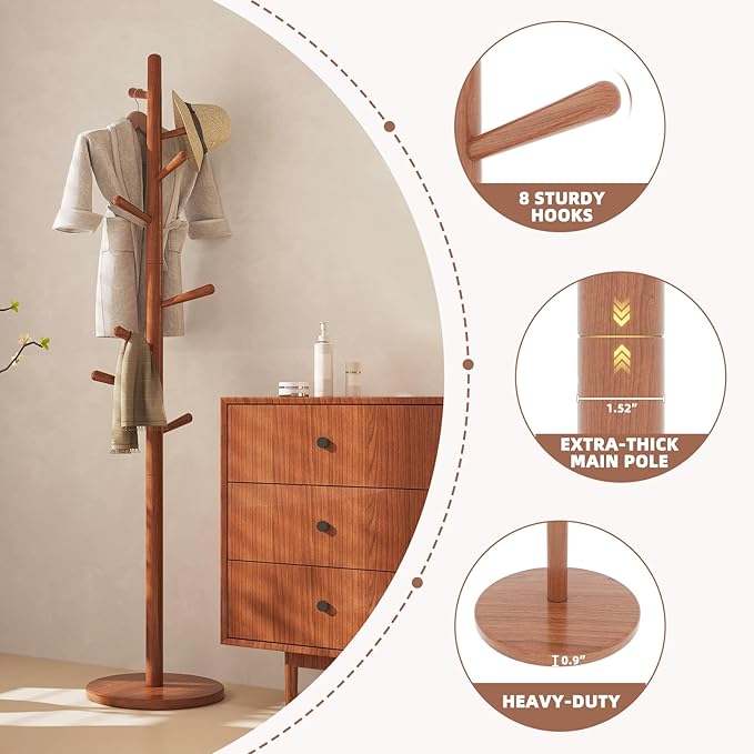 Uniclinens Coat Rack Freestanding Solid Wood Coat Tree Standing with 8 Hooks, Coat Rack Stand Creative Tree Branch-Look (Teak)-DeskLoop Office