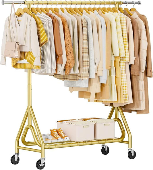 Heavy Duty Clothes Rack, Metal Clothing Rack Load 450 LBS, Rolling Coat Racks for Hanging Clothes with Lockable Wheels, Wardrobe Closet Garment Racks for Bedroom, Gold-DeskLoop Office
