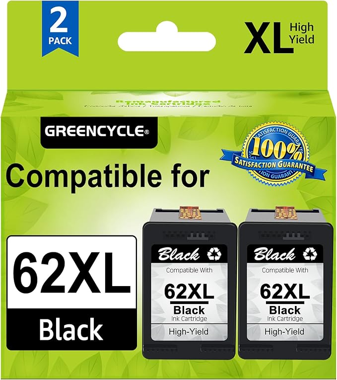 GREENCYCLE 62XL Black Ink Cartridge Replacement for HP 62 XL C2P05AN Remanufactured Cartridges Compatible for Envy 5540 5640 5660 7644 7645 OfficeJet 5740 8040 OfficeJet 200 250 Series Printer, 2 Pack-DeskLoop Office