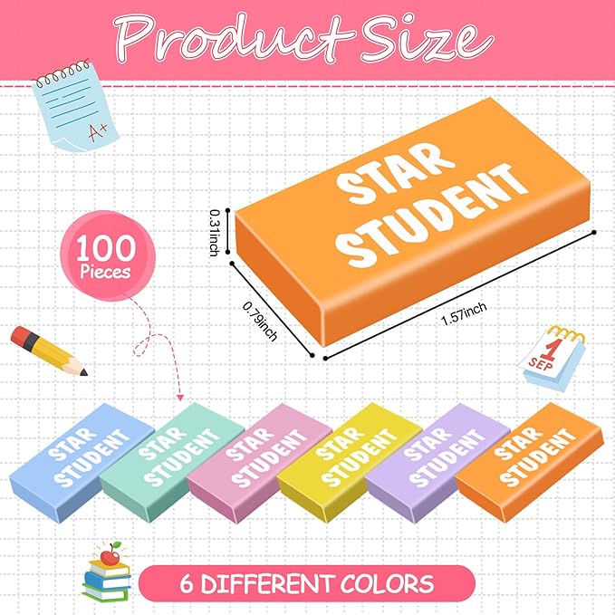 100 Pcs Star Student Erasers Bulk for Kids Back to School Pencil Erasers Fun Inspirational School Supplies for Students Classroom Office Teacher Award Gifts-DeskLoop Office