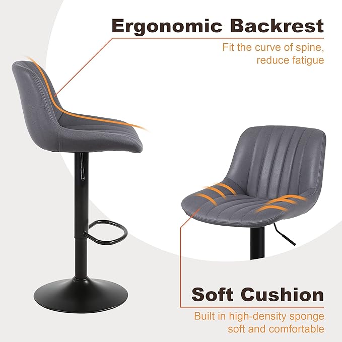 Bar Stools Set of 3, Swivel Counter Height Barstools with Back, Adjustable PU Leather Bar Chairs, Modern Armless Kitchen Island Stool, Dark Grey-DeskLoop Office