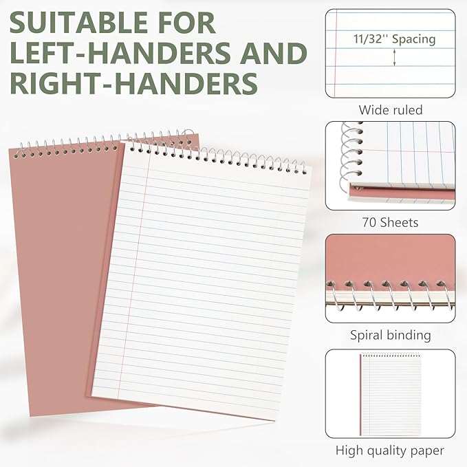 6 Pack 8.5 x 11'' Top Bound Office Steno Book Wide Ruled Double Sided Spiral Notebooks Reliable White Paper 70 Sheets/Pad Pastel Colors Covers for Writing School Notes(Classic Color)-DeskLoop Office