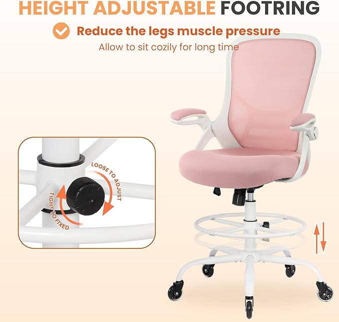 HYLONE Drafting Chair Tall Office, Ergonomic Standing Desk Stool Adjustable Drafting Chair Big Tall Drafting Office Chair Pink-DeskLoop Office