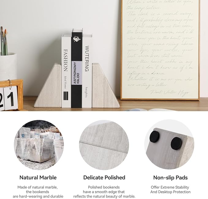 Marble Book Ends for Heavy Books, Decorative Bookends for Shelves, Durable and - Image 4