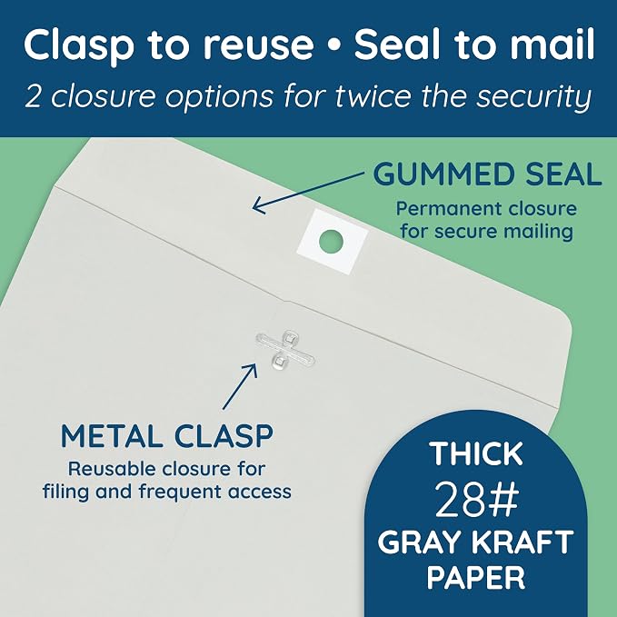 Blue Summit Clasp Envelopes, 10 x 13-Inch, Thick 28lb Gray Kraft Paper - Image 3