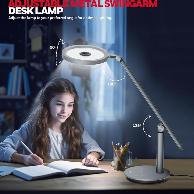 Honeywell Desk Lamp for Home Office, H6 Sunturalux™ Eye-Caring Led Desk Light, 800LM Dimmable Desk Lamp with Timer, Touch Control Tall Desk Reading Light, Table Lamp for Circle Webcam, Study, Bedroom-DeskLoop Office