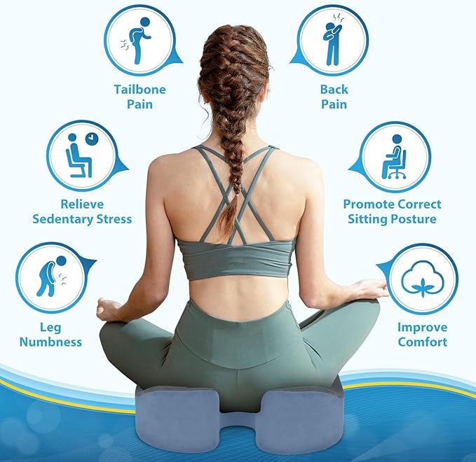 BlissTrends Seat Cushion,Thick Memory Foam Cushions for Office Chair, Car Seat, Airplane, Relieving Pressure Tailbone Sciatica Back Pain for Office Workers, Car Drivers 4.7in Thick Dark Grey&Blue-DeskLoop Office