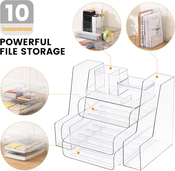 CiWiVOKi Desk Organizer with 2 Vertical File Holder, 4 Tier Stackable Paper - Image 5