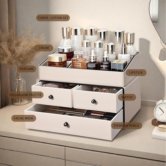 KINGFOM Leather Makeup Organizer with 3 Drawers, 2 Tier Cosmetic Storage Organizer for vanity Dresser Countertop and Bathroom Vanity, Beauty Holder for Lipstick Brush Skincare (Beige)-DeskLoop Office