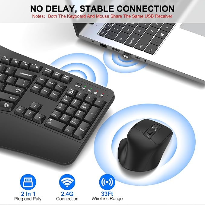 Wireless Keyboard and Mouse Combo, 2.4G Full Size Wave Keys Ergonomic Keyboard - Image 5