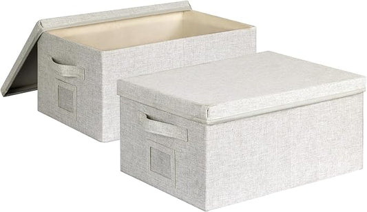 Large 17''x12'' Quart Collapsible Stackable Storage Bins with Lids, 2 Packs Off White Fabric Closet Boxes with Lids, Storage Cube Baskets Container Organizers for Bedroom Office(17''x12.2x''8'')-DeskLoop Office