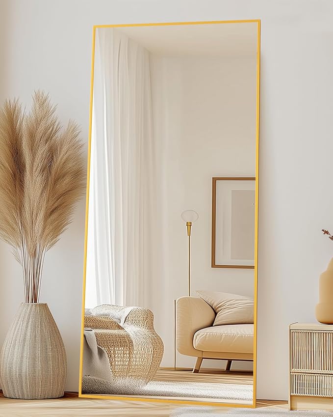Full-Length Floor Mirror with Stand, 71"x28" Rectangle Style Full Body Standing Mirror for Bedroom, Living Room, Gym, Dorm - Shatter-Resistant & Easy Assembly, Gold-DeskLoop Office