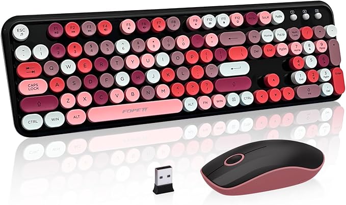 FOPETT Wireless Keyboard and Mouse Combo, 105 Keys Full-Sized 2.4 GHz Round Keycap Colorful Keyboards, USB Receiver Plug and Play, for Windows, Mac, PC, Laptop, Desktop (Blackcolorful)-DeskLoop Office