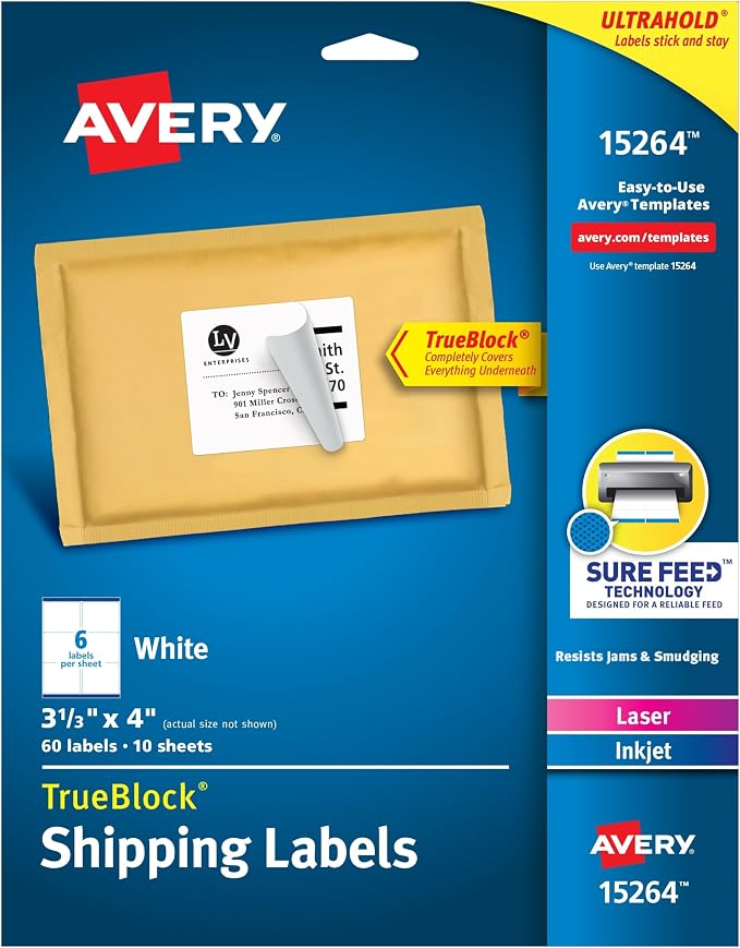 Avery Printable Shipping Labels, Sure Feed Technology, 3-1/3" x 4", by Avery
