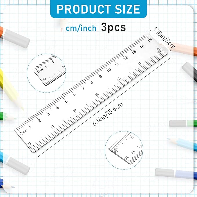 3 Pack 6 Inch Ruler Set Plastic Straight Ruler Transparent Measuring Tool - Image 2