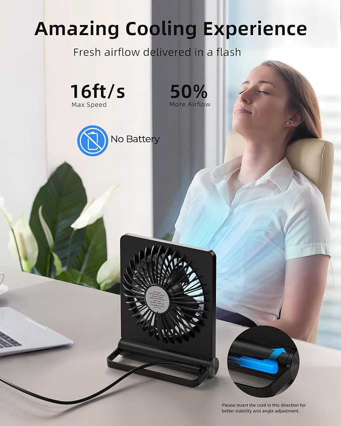 Koonie USB Desk Fan, Strong Wind Ultra Quiet Small Mini Fan | 220° Tilt Folding - Image 3