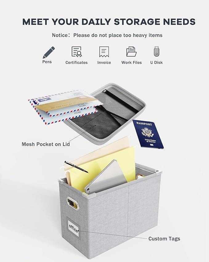 Oterri File Organizer Box with Lid, Hanging Filing File Box with Mesh Pocket, Document Organizer Box for Letter Files, Portable Storage Box with Smooth Sliding Rail for Office&Home (2 PCS, Light grey)-DeskLoop Office