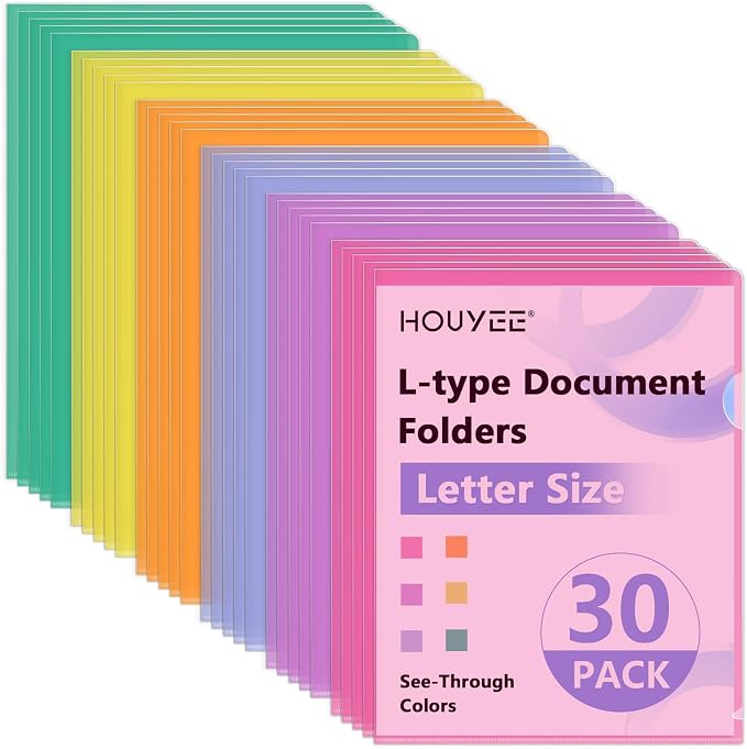 HOUYEE 30 Pack Clear Document Folders, L-Type Plastic File Folder Sleeves by HOUYEE