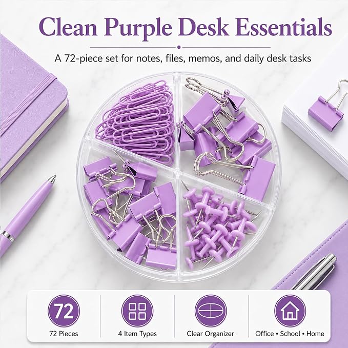 Purple Binder Clips and Paper Clips Push Pins Tacks Sets, Total 72 PCS Assorted - Image 2