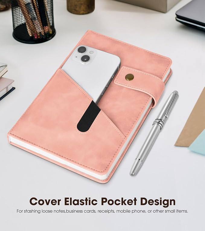 Pink A5 Lined Leather Journal Notebook for Men Women,5.9" X 8.4" Personalized Hardcover Journal with Pen,200 Pages 100 Gsm Thick Ruled Paper Daily Diary for Travel,Business,Work,Writing-DeskLoop Office