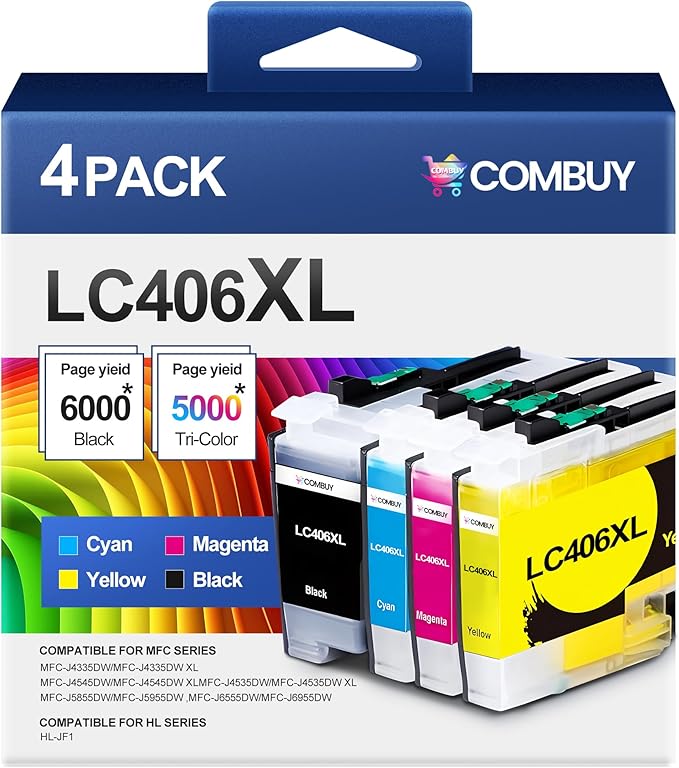 LC406XL Ink Cartridges High Yield Compatible for Brother LC406 Ink Cartridges LC406XL use with Brother MFC-J4335DW MFC-J4535DW MFC-J5855DW MFC-J6555DW Printer (Black Cyan Magenta Yellow 4 Pack)-DeskLoop Office